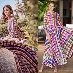 Sara Roka Purple Teal Pink Plaid Pleated Incredible Sweep Maxi Dress 44 8 NWOT